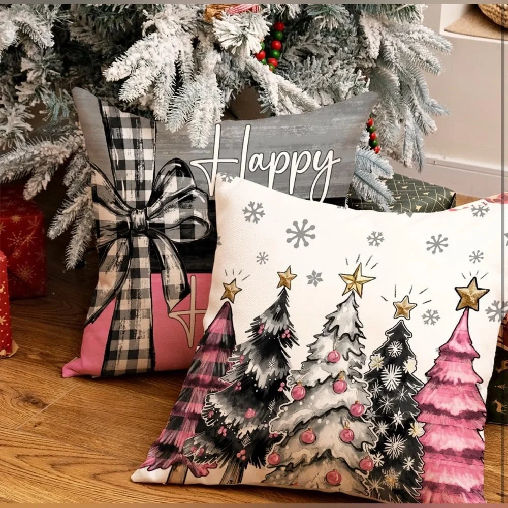 Festive Holiday Throw Pillow Covers Set - Pink, Black, & White Super Cute NEW 💕🩷